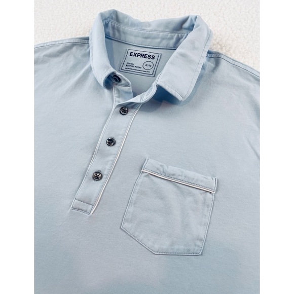 EXPRESS • Blue/White Short Sleeve Stretch Polo Tee - Picture 13 of 15